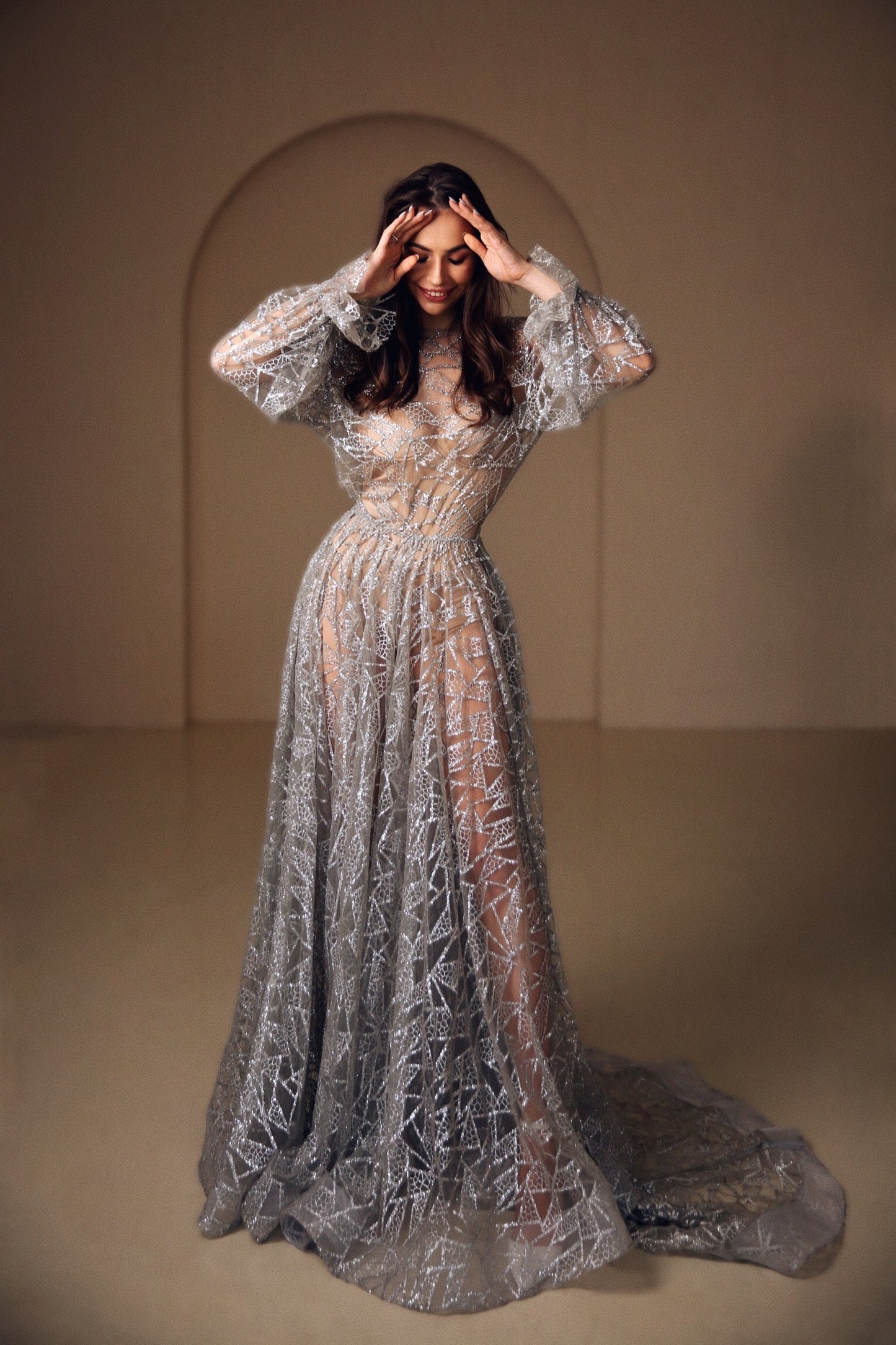 Silver wedding dress, Sparkly open back dress, Grey wedding Gown With Sleeves, Open back sequin  dress with train, Bohemian wedding dress