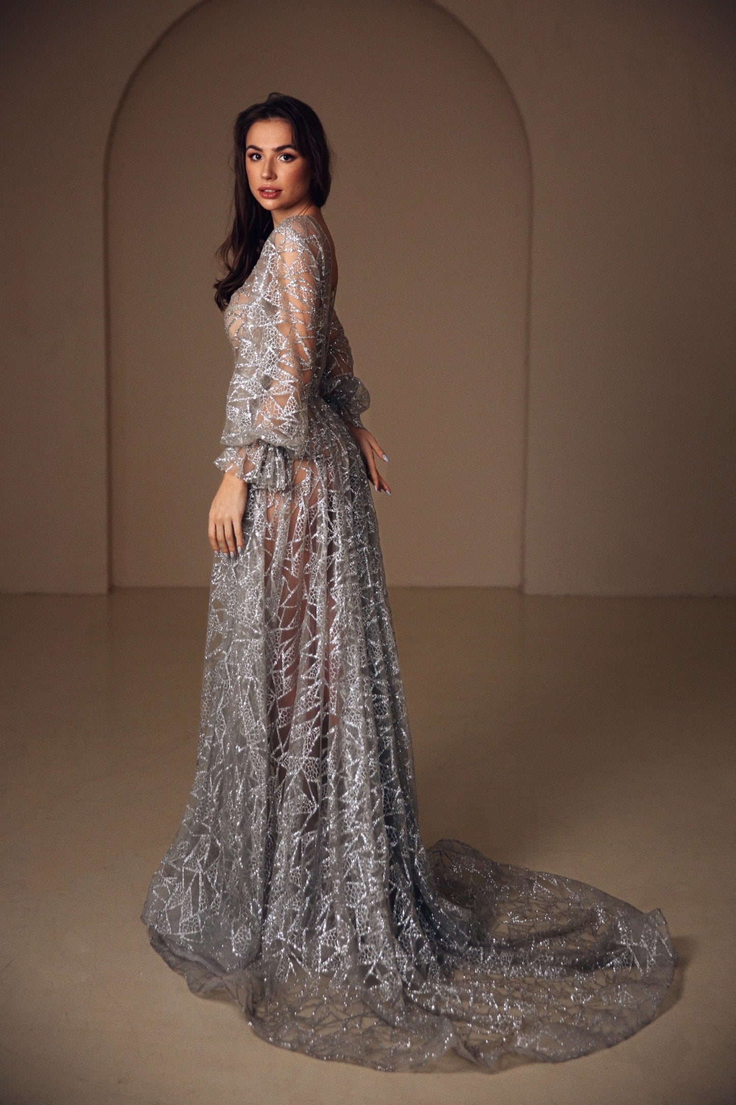 Silver wedding dress, Sparkly open back dress, Grey wedding Gown With Sleeves, Open back sequin  dress with train, Bohemian wedding dress