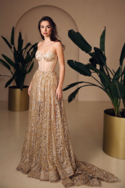 Golden Wedding dress, Bohemian Wedding dress, Sequin corset dress, Sparkling wedding gown, sequin wedding dress, golden tan prom dress