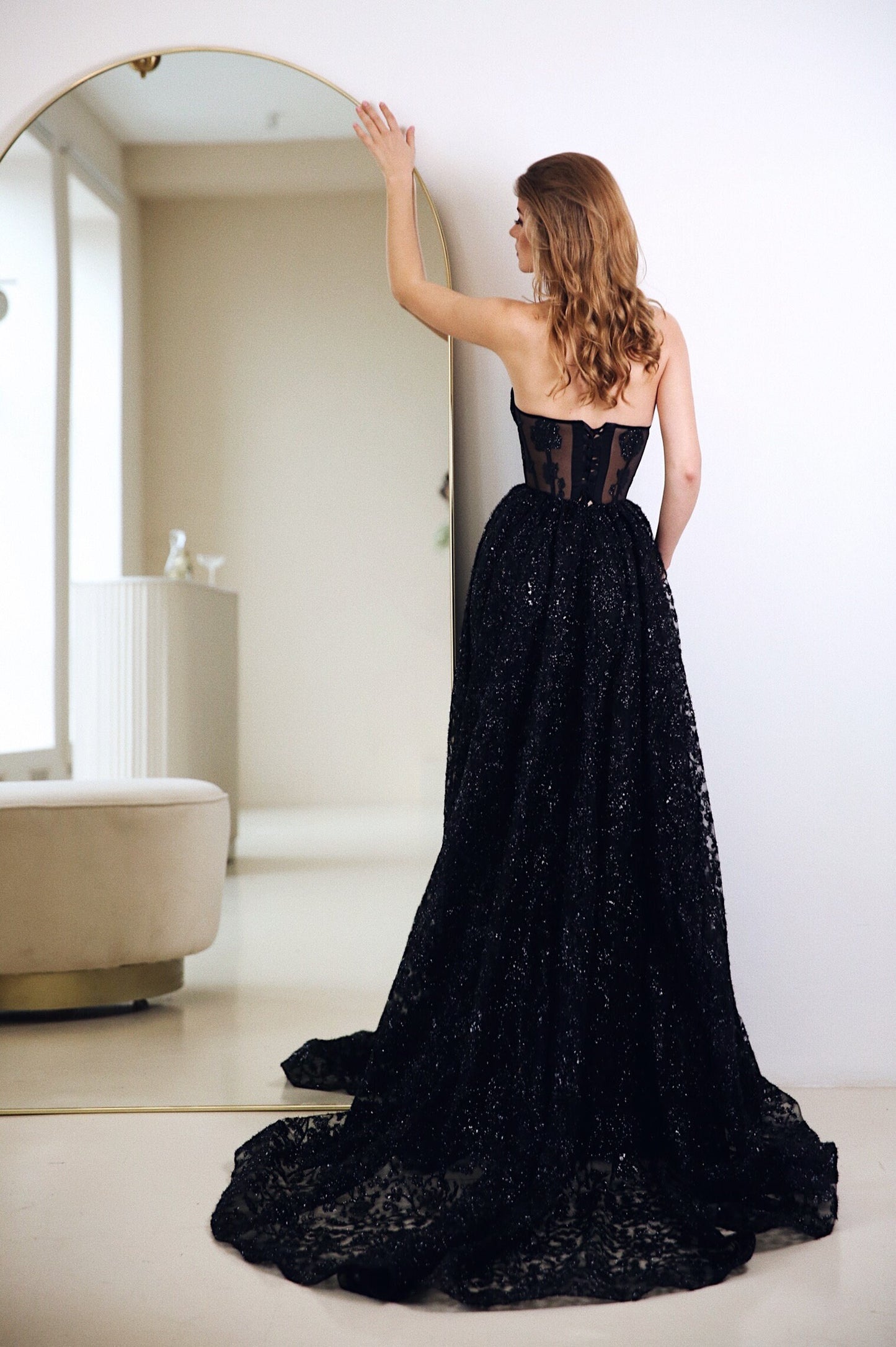 Black Wedding Floor Length Dress / Prom Corset gown /  Black Sequins evening dress with long tail /Black evening dress/ Gothic wedding dress