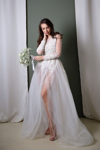 Wedding Bodysuit , Long sleeve bridal jumpsuit, Bridal separates wedding bodysuit with pearls embroidery, tulle wedding dress, boho bodysuit