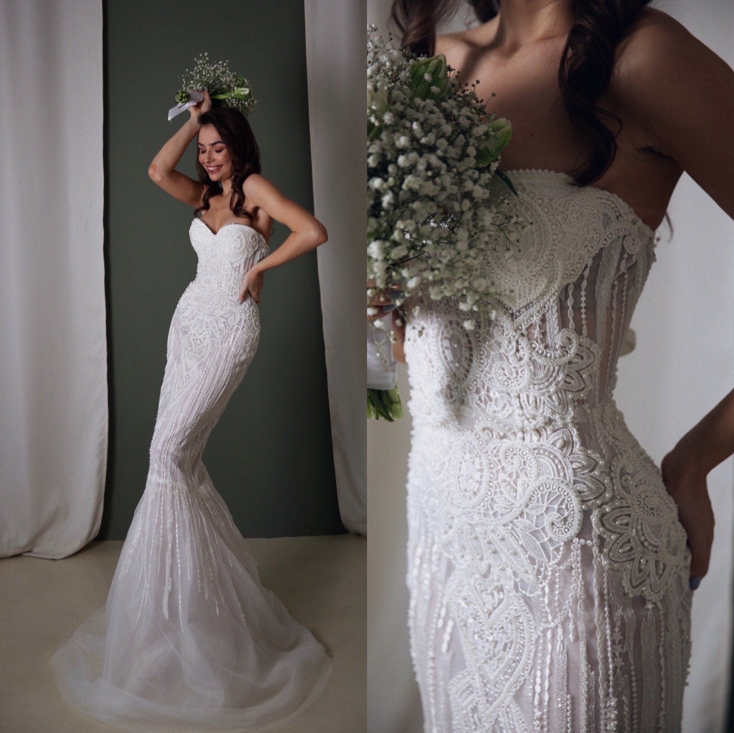 Corset wedding dress made from heavy beaded fabric. Mermaid Silhouette is perfect for bohemian bride