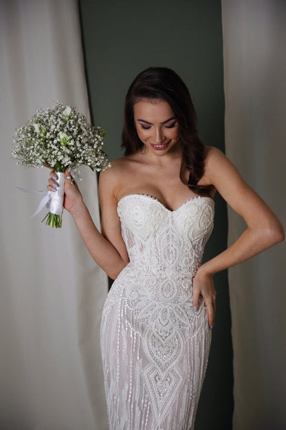 Corset wedding dress boho, Embroidered tulle wedding dress, Mermaid wedding dress for bohemian bride,  Sequin  wedding gown