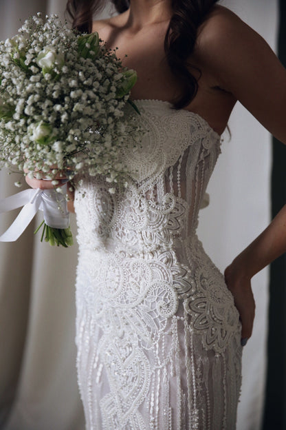 Corset wedding dress boho, Embroidered tulle wedding dress, Mermaid wedding dress for bohemian bride,  Sequin  wedding gown