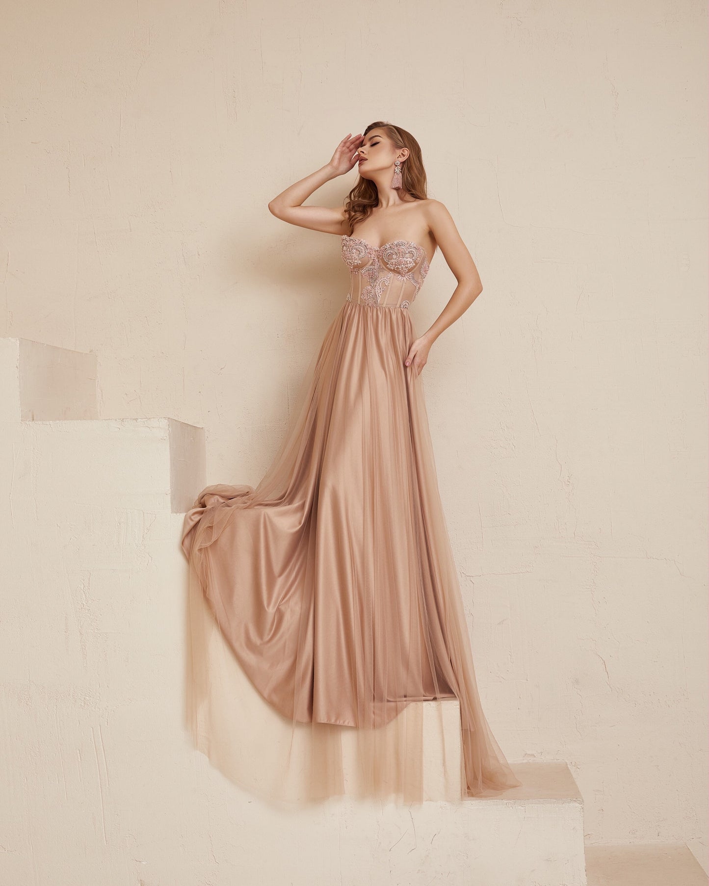 Blush Boho Wedding dress, Long Corset dress, Pink wedding Evening  Dress, Sequin wedding dress, Beige prom  dress, Pastel Bridesmaid dress
