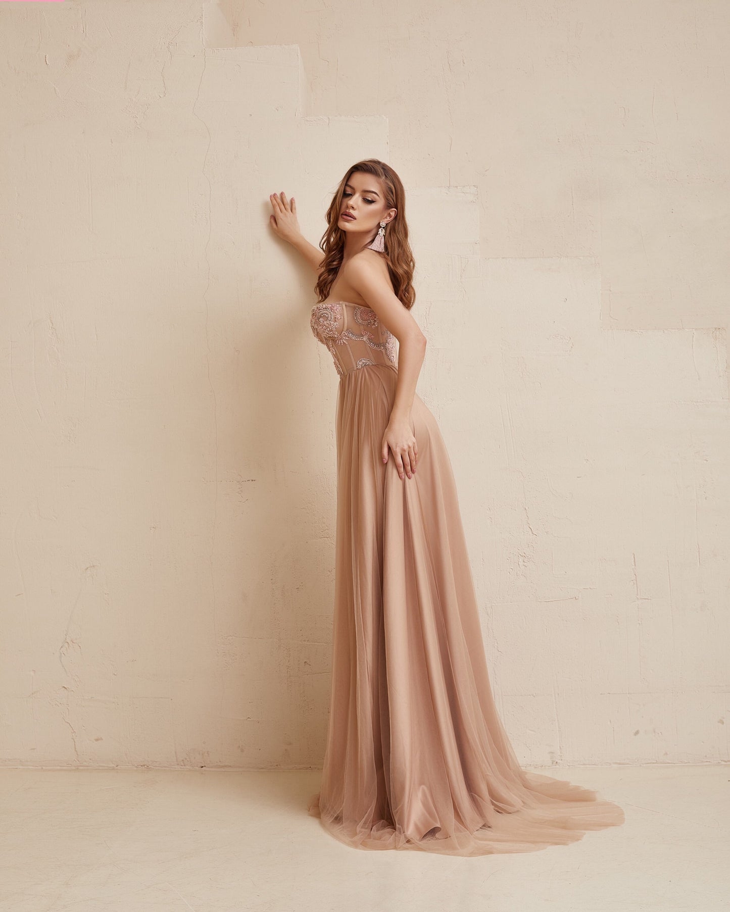 Blush Boho Wedding dress, Long Corset dress, Pink wedding Evening  Dress, Sequin wedding dress, Beige prom  dress, Pastel Bridesmaid dress