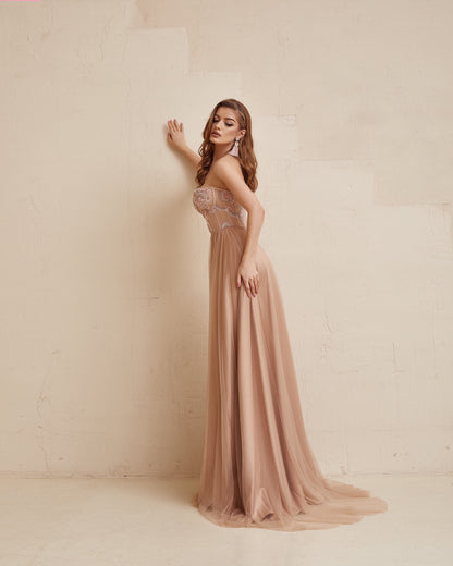 Blush Boho Wedding dress, Long Corset dress, Pink wedding Evening  Dress, Sequin wedding dress, Beige prom  dress, Pastel Bridesmaid dress