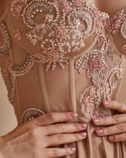 Blush Boho Wedding dress, Long Corset dress, Pink wedding Evening  Dress, Sequin wedding dress, Beige prom  dress, Pastel Bridesmaid dress
