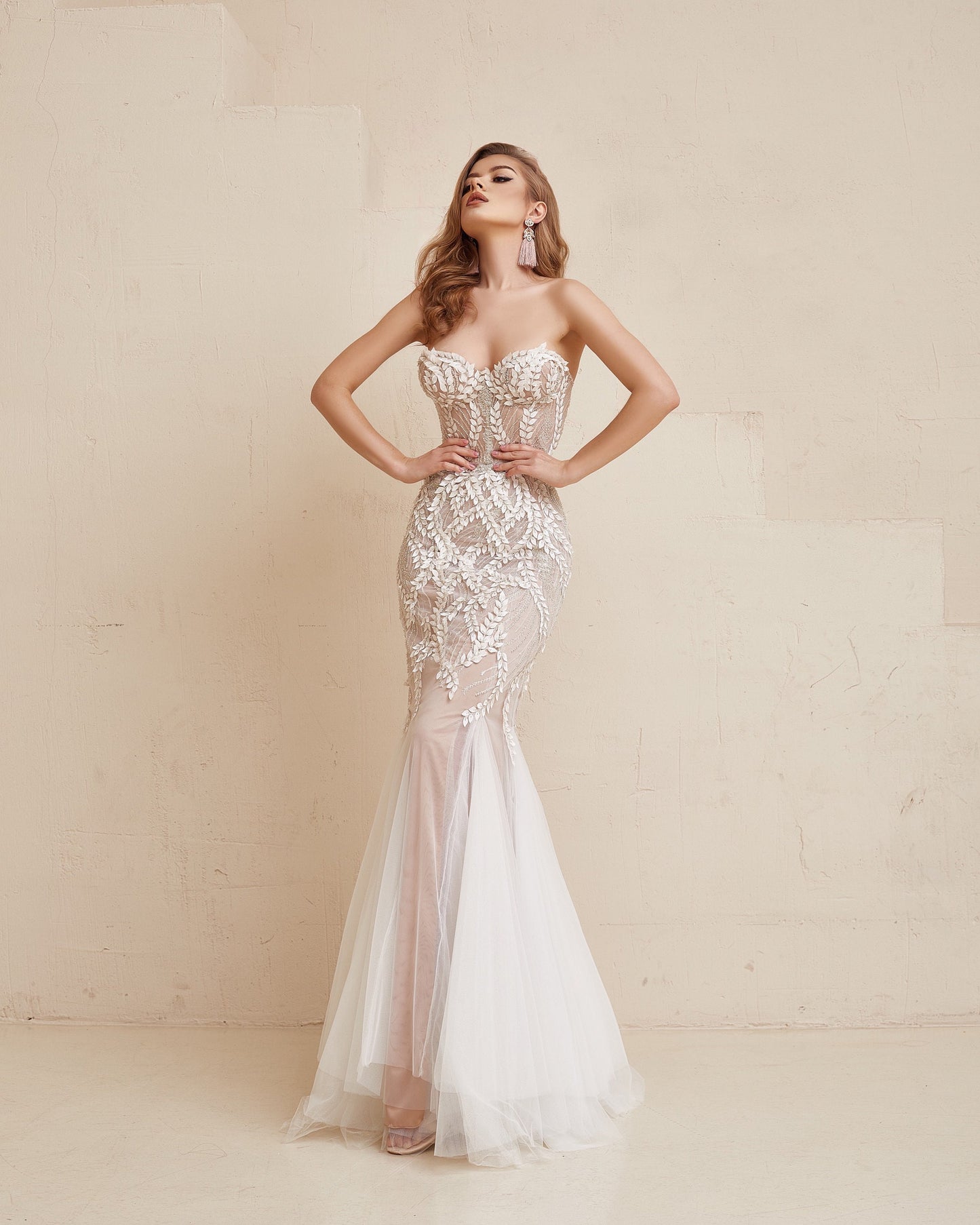 Nude wedding dress, Floral Wedding dress, Boho Wedding gown, Mermaid corset dress, Beige wedding gown, Sparkling wedding dress, Couture gown