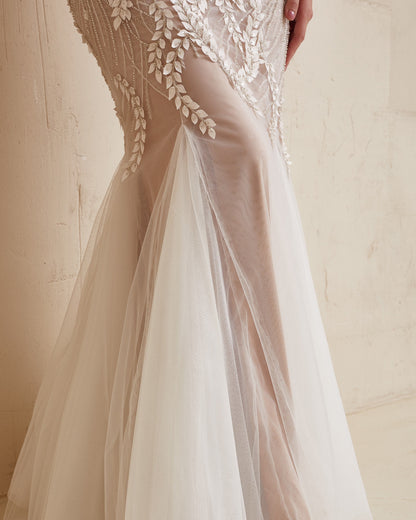 Nude wedding dress, Floral Wedding dress, Boho Wedding gown, Mermaid corset dress, Beige wedding gown, Sparkling wedding dress, Couture gown