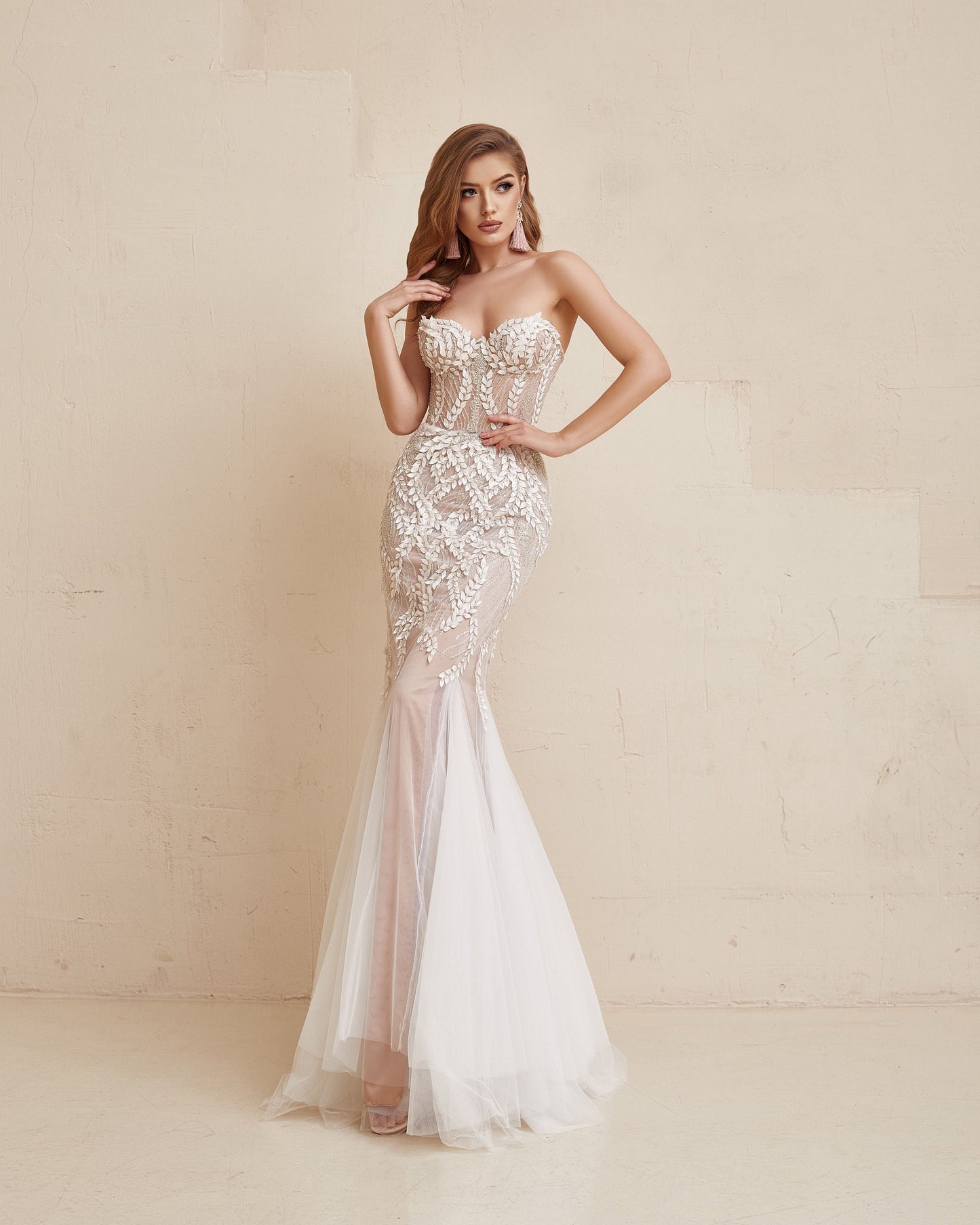 Nude wedding dress, Floral Wedding dress, Boho Wedding gown, Mermaid corset dress, Beige wedding gown, Sparkling wedding dress, Couture gown