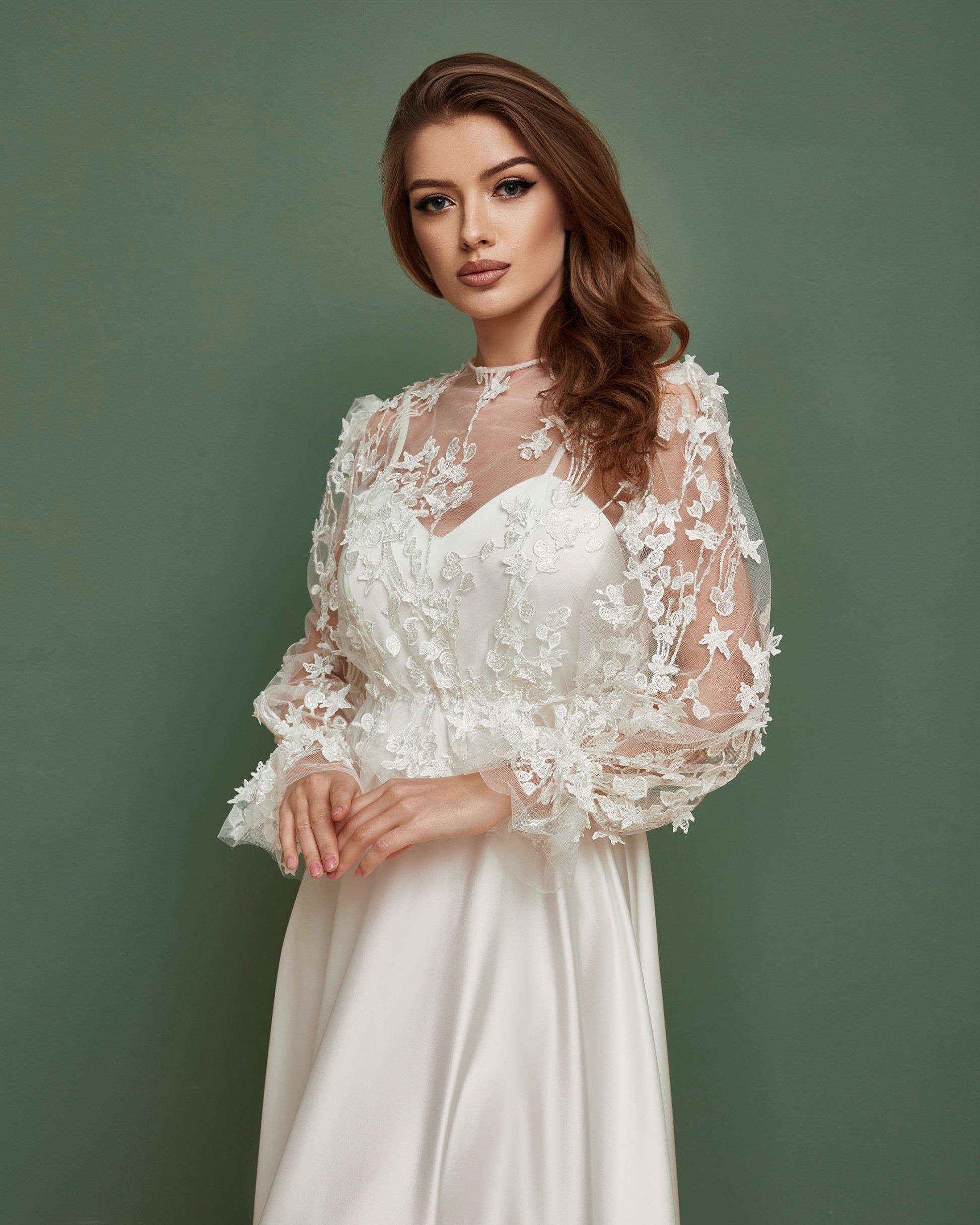 Wedding top with long puffy sleeves made from floral embroidered tulle, can be worn with any bridal gown. Plus sizes available. Boho and casual style, handmade. This Bridal separate is great choice for minimalist elegant bride.