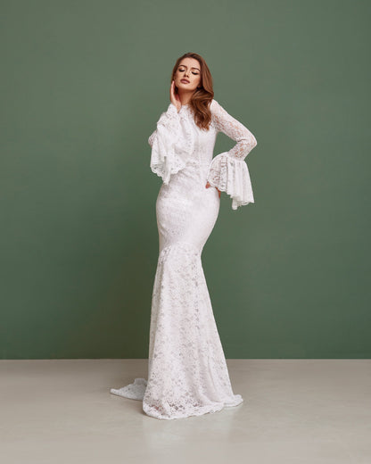 Simple wedding dress with long sleeves, Mermaid boho wedding dress modest, Lace wedding dress with train, Bell sleeves wedding gown