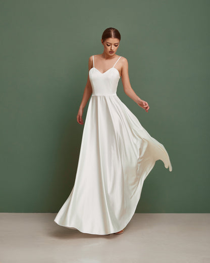 A Line wedding dress, simple wedding dress, satin wedding dress, casual wedding dress, minimalist wedding dress, modest boho wedding dress
