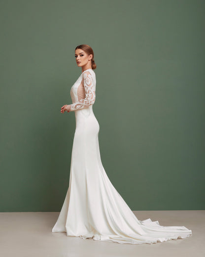 Mermaid wedding dress with long sleeves, V-neck satin wedding dress with open back, Silk embroidered wedding dress , tight wedding qown