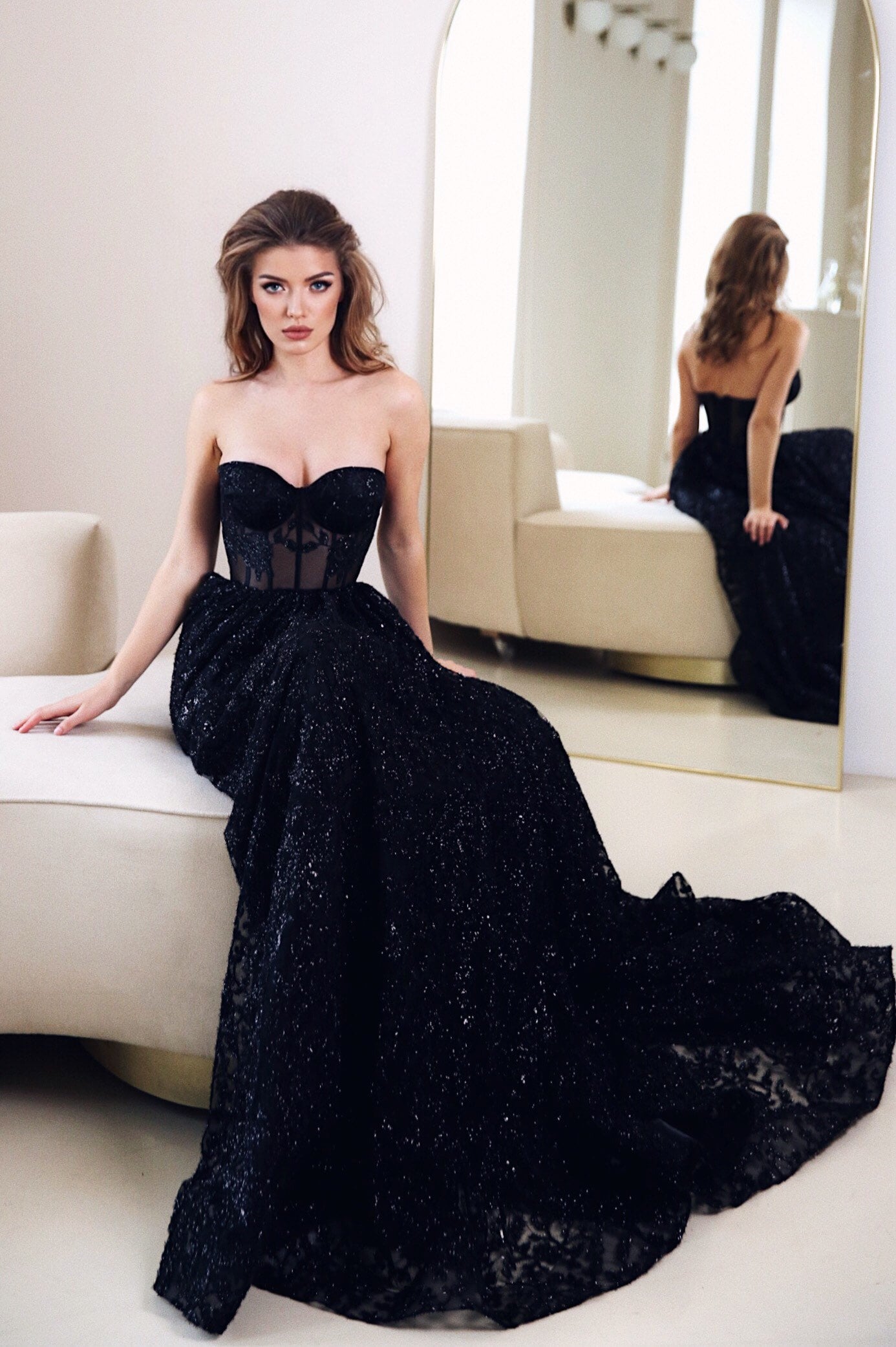 Black Wedding Floor Length Dress / Prom Corset gown /  Black Sequins evening dress with long tail /Black evening dress/ Gothic wedding dress