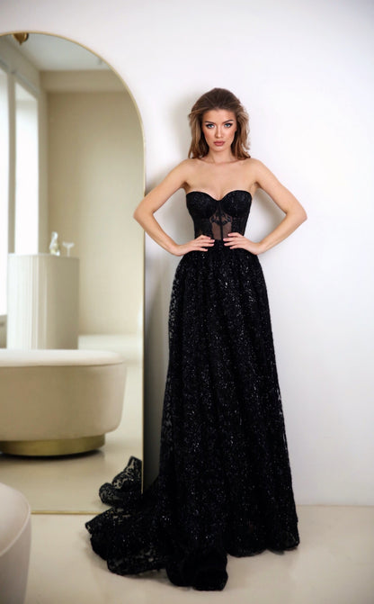 Black Wedding Floor Length Dress / Prom Corset gown /  Black Sequins evening dress with long tail /Black evening dress/ Gothic wedding dress