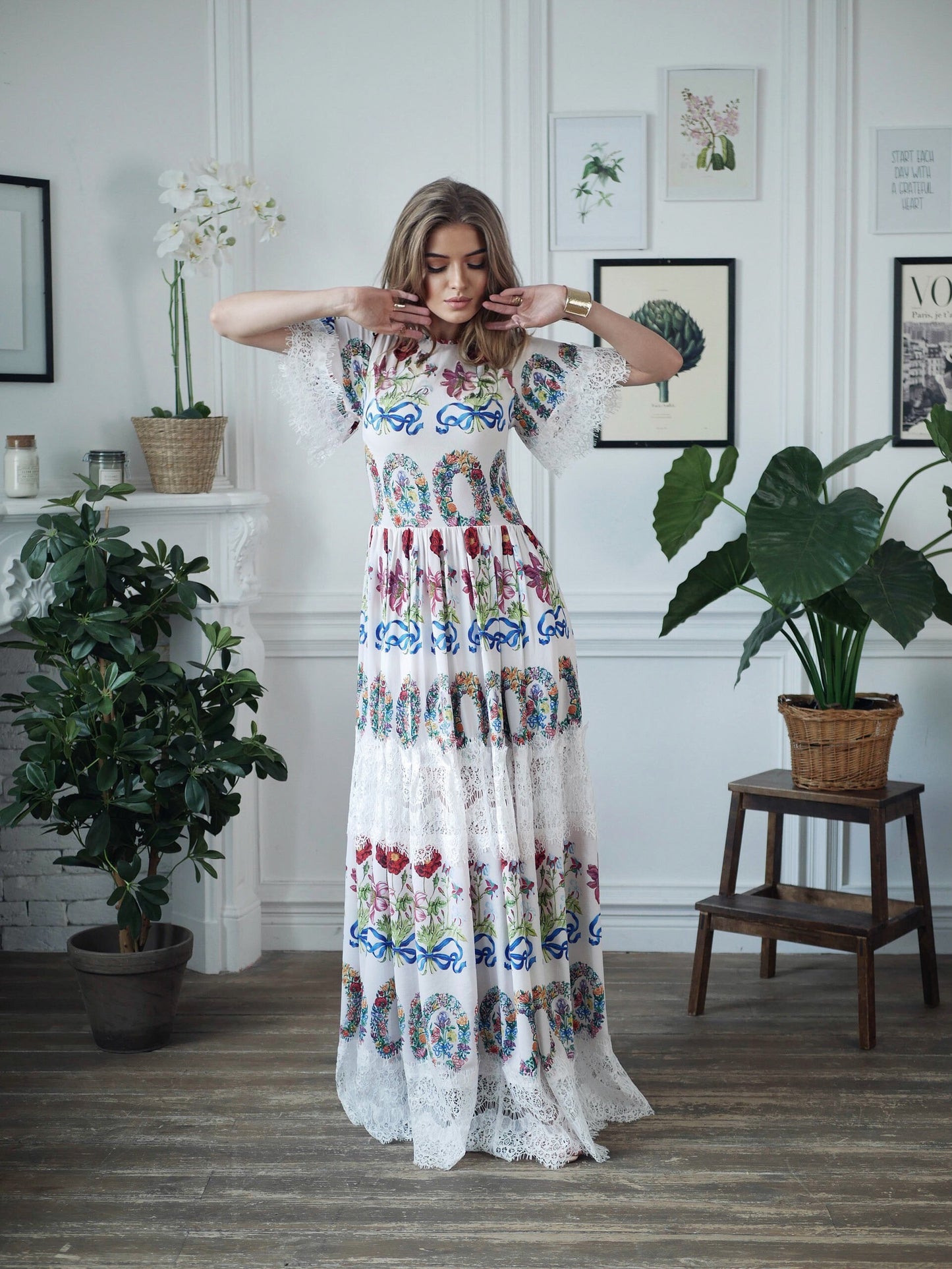 Floral Maxi black short Sleeve Lace Dress / Floor Length Dressing Gown / Long Romantic Dress / Unique Printed Wedding Dress / Summer dress