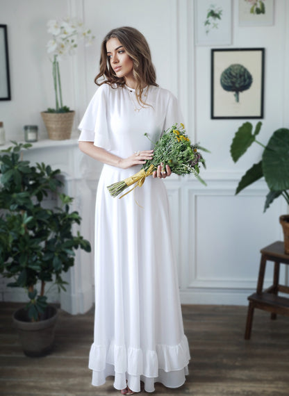 Wedding dress / simple wedding dress / white fit and flare long dress / modest wedding dress / casual wedding dress / bohemian wedding dress