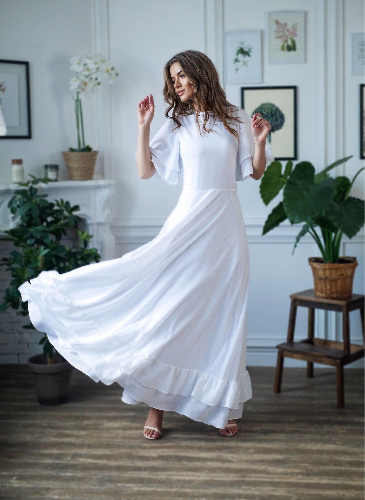 Wedding dress / simple wedding dress / white fit and flare long dress / modest wedding dress / casual wedding dress / bohemian wedding dress