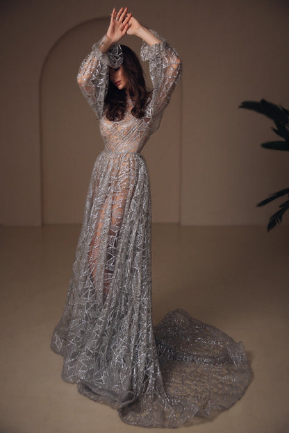 Silver wedding dress, Sparkly open back dress, Grey wedding Gown With Sleeves, Open back sequin  dress with train, Bohemian wedding dress