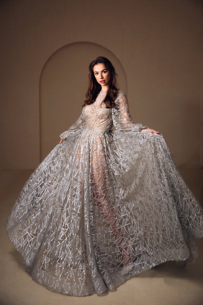 Silver wedding dress, Sparkly open back dress, Grey wedding Gown With Sleeves, Open back sequin  dress with train, Bohemian wedding dress