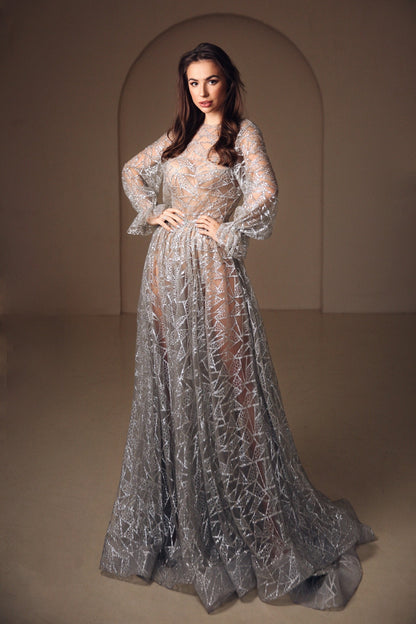 Silver wedding dress, Sparkly open back dress, Grey wedding Gown With Sleeves, Open back sequin  dress with train, Bohemian wedding dress