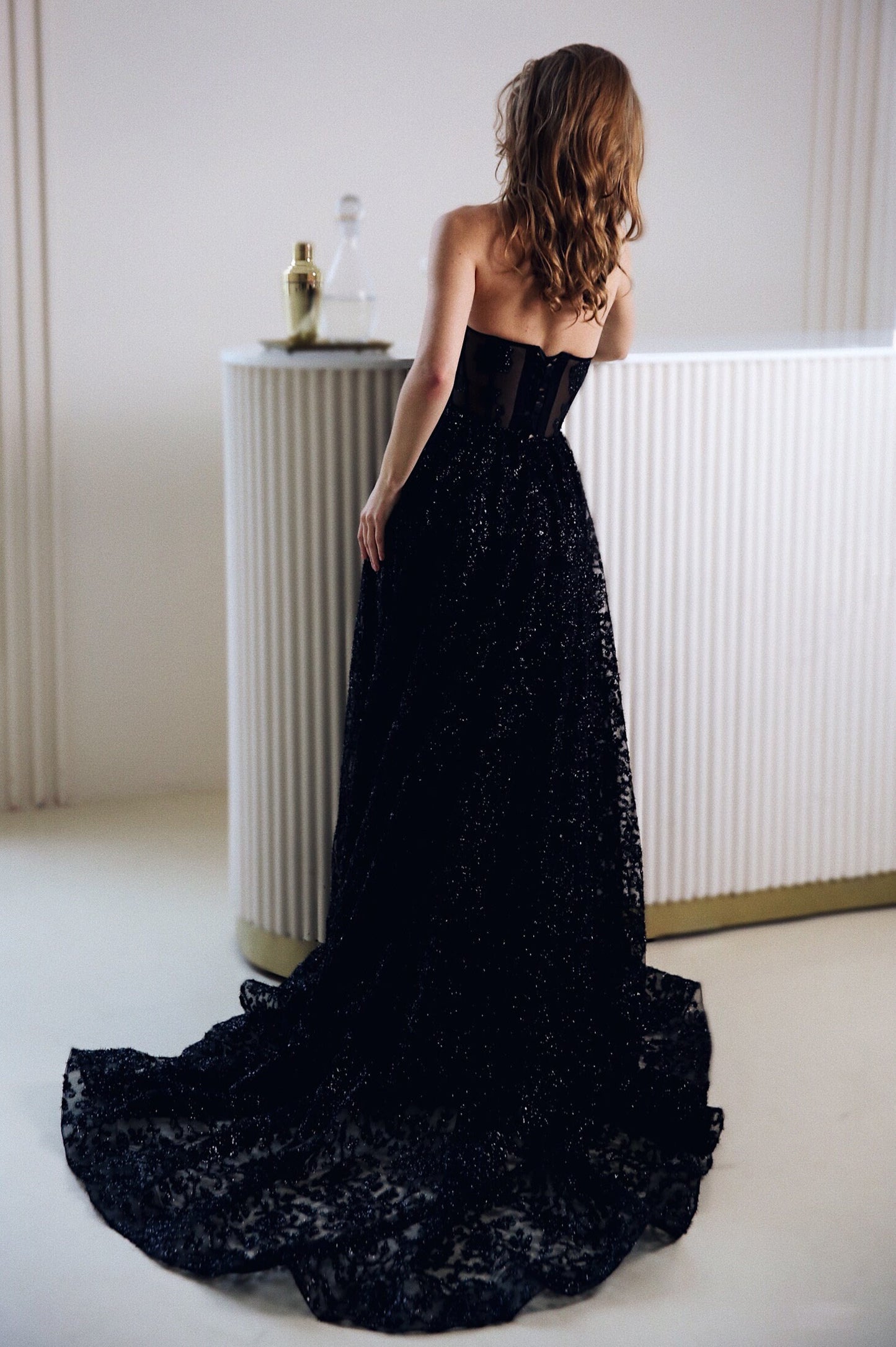 Black Wedding Floor Length Dress / Prom Corset gown /  Black Sequins evening dress with long tail /Black evening dress/ Gothic wedding dress
