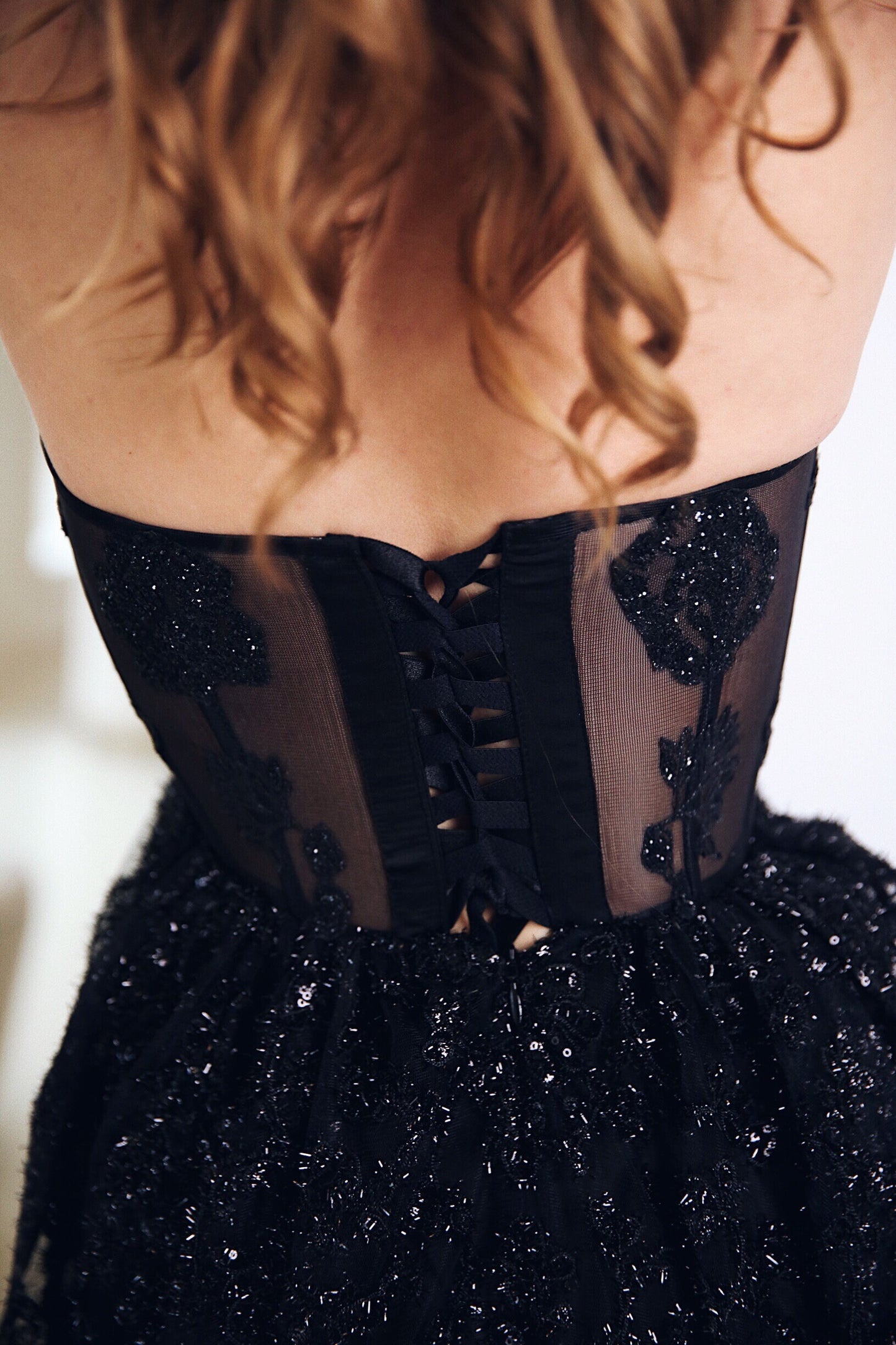 Black Wedding Floor Length Dress / Prom Corset gown /  Black Sequins evening dress with long tail /Black evening dress/ Gothic wedding dress