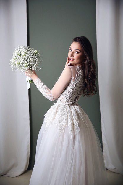 Wedding Bodysuit , Long sleeve bridal jumpsuit, Bridal separates wedding bodysuit with pearls embroidery, tulle wedding dress, boho bodysuit