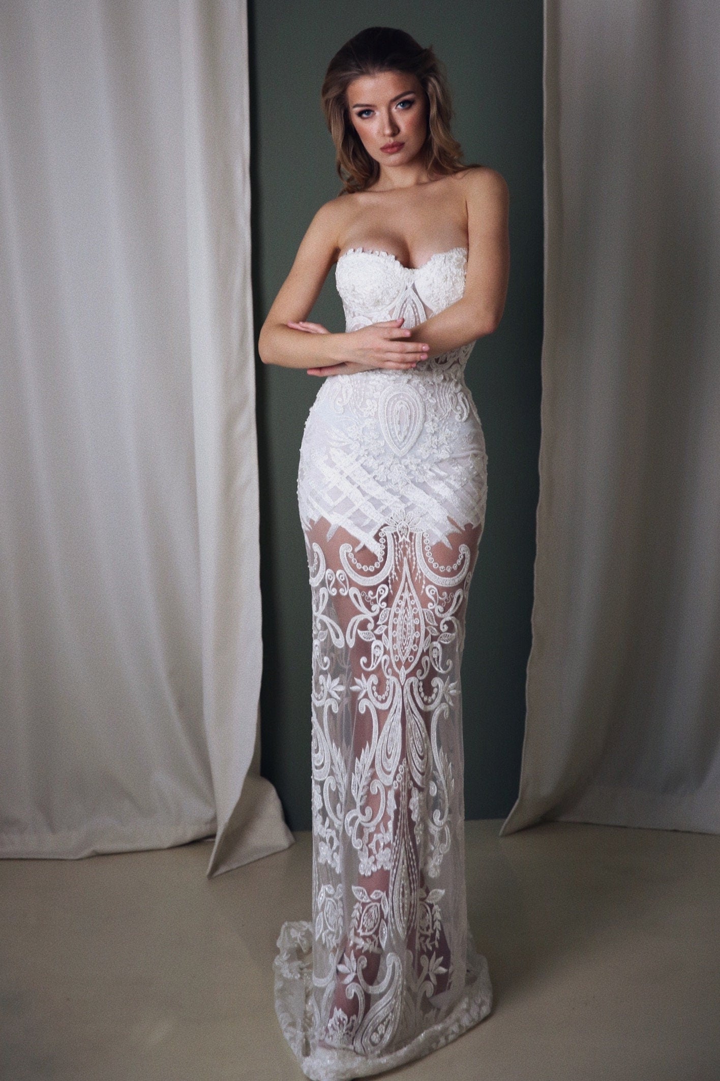 Boho wedding dress, Mermaid wedding dress , Beaded wedding dress, Lace wedding dress, Bohemian wedding dress, Embroidered tulle wedding gown