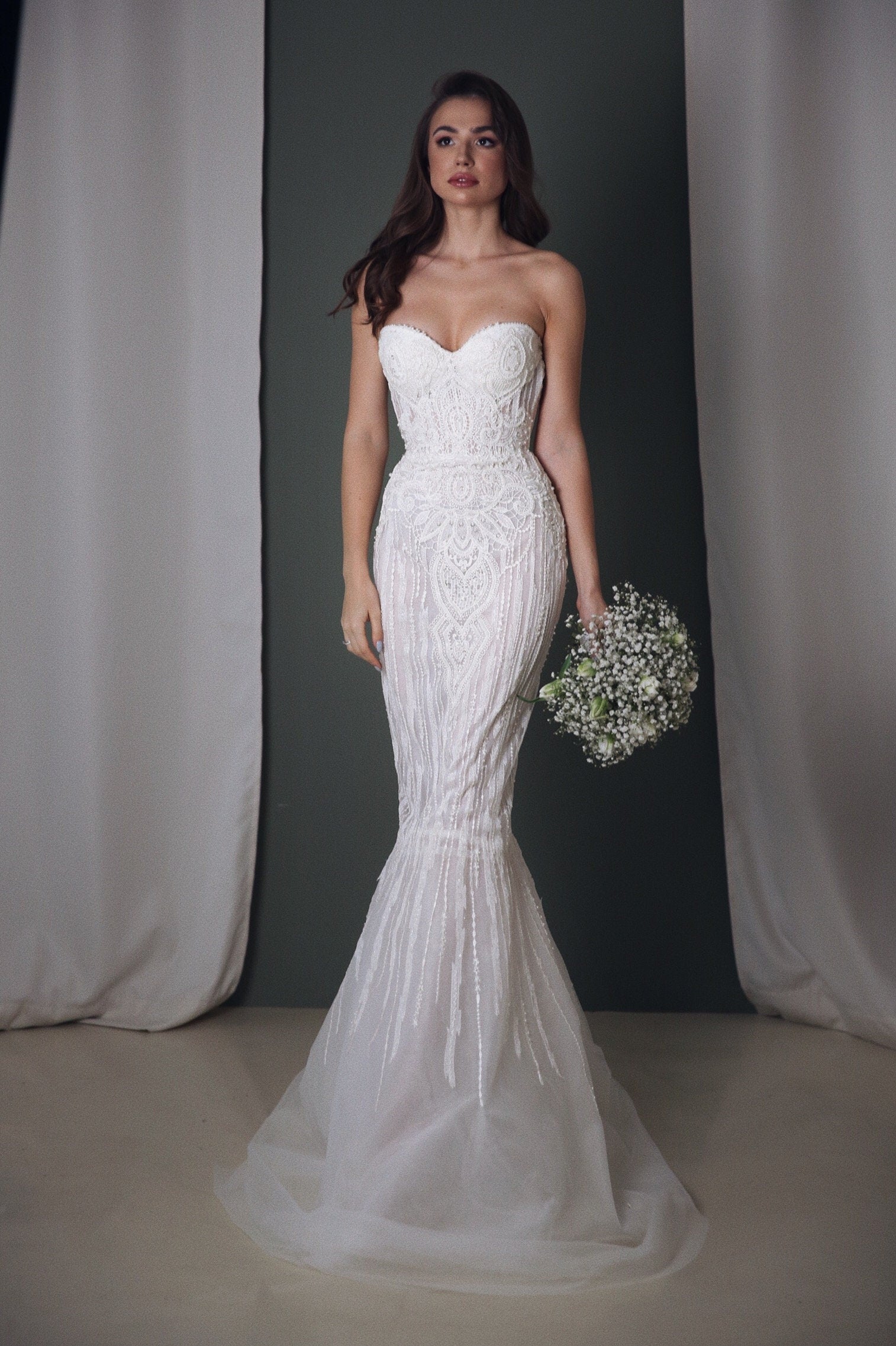 champagne color wedding dress with corset. Mermaid silhouette, custom made wedding gown