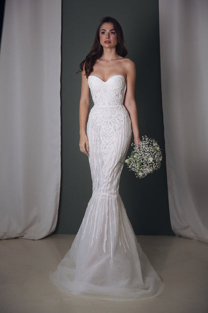 champagne color wedding dress with corset. Mermaid silhouette, custom made wedding gown