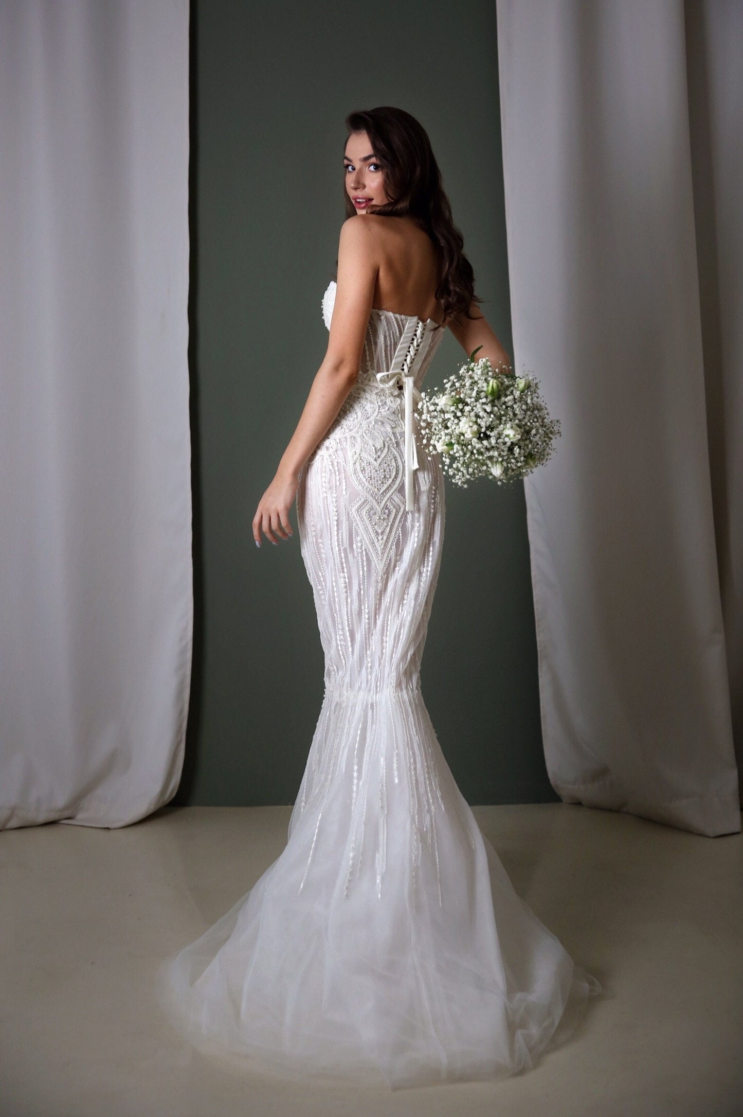 Corset wedding dress boho, Embroidered tulle wedding dress, Mermaid wedding dress for bohemian bride,  Sequin  wedding gown