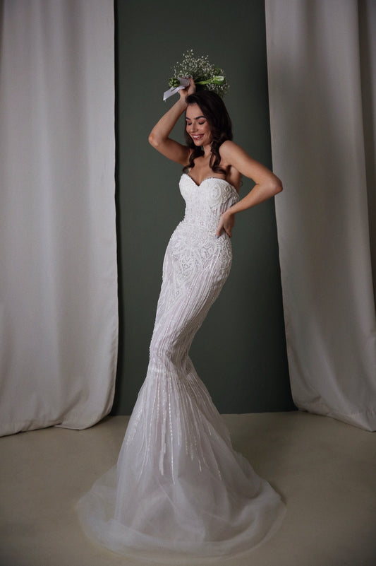Corset wedding dress boho, Embroidered tulle wedding dress, Mermaid wedding dress for bohemian bride,  Sequin  wedding gown