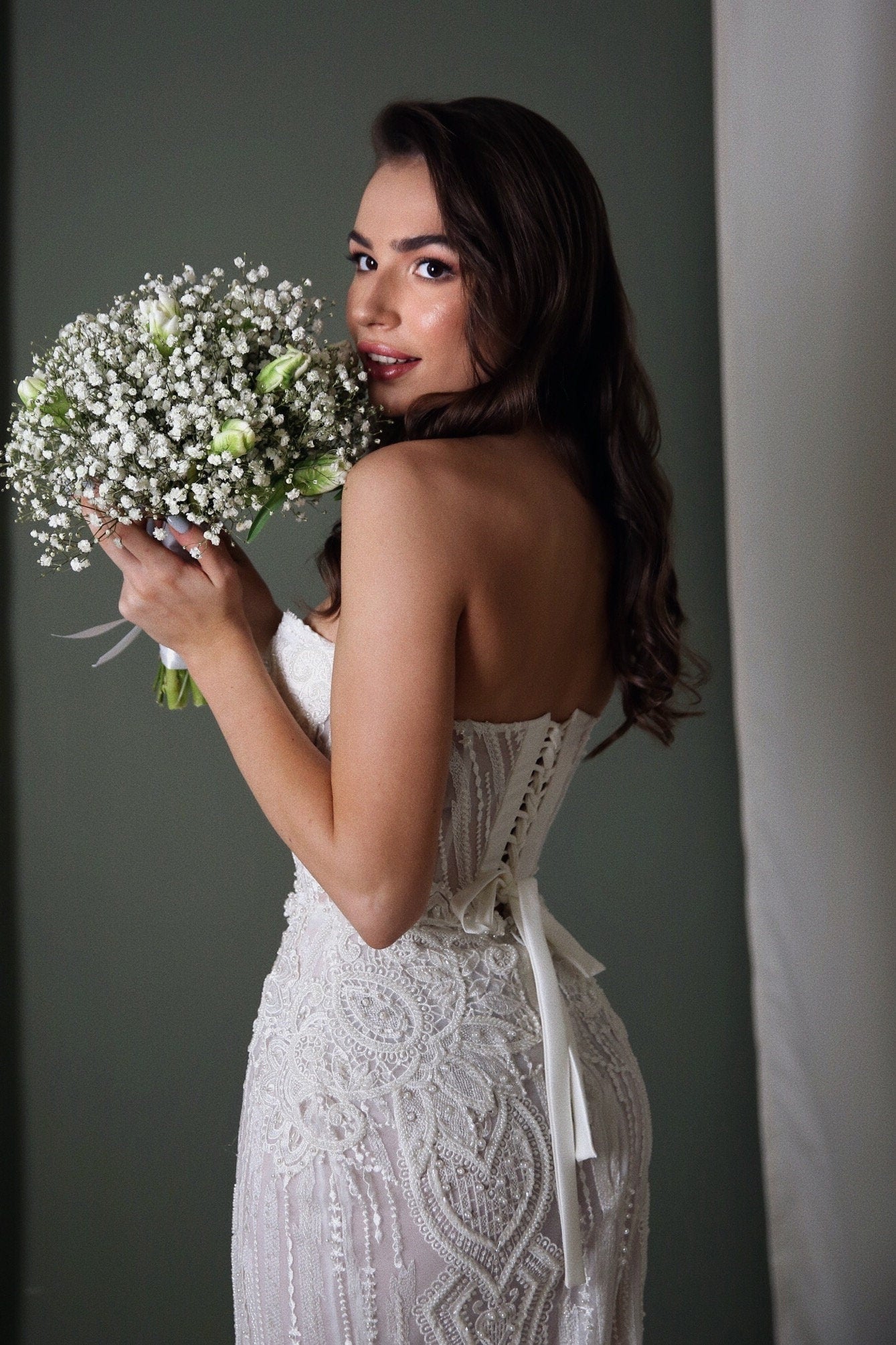 Corset wedding dress boho, Embroidered tulle wedding dress, Mermaid wedding dress for bohemian bride,  Sequin  wedding gown
