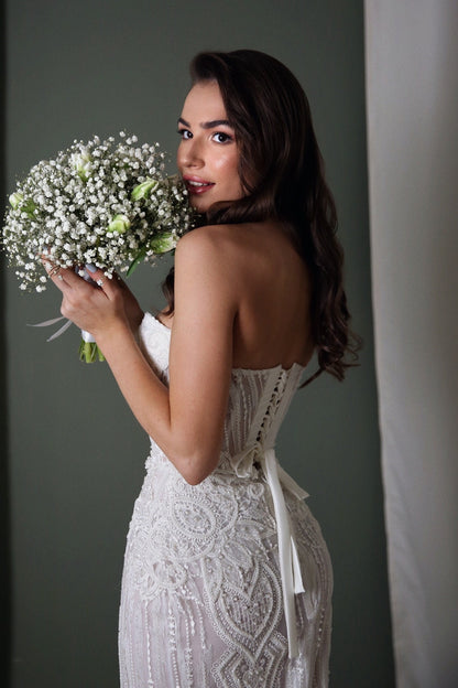 Corset wedding dress boho, Embroidered tulle wedding dress, Mermaid wedding dress for bohemian bride,  Sequin  wedding gown