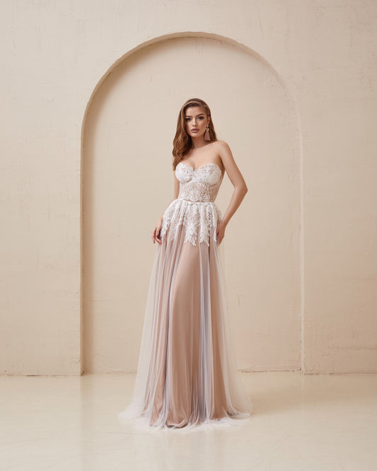 Beige Wedding dress, Boho Tan Wedding dress, Nude corset wedding  gown,  White Lace wedding dress, Fit and flare tulle dress for bride