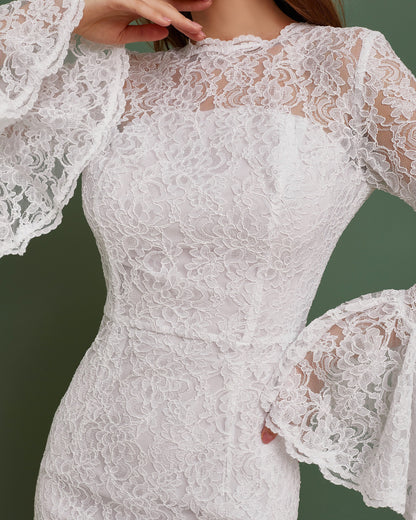 Simple wedding dress with long sleeves, Mermaid boho wedding dress modest, Lace wedding dress with train, Bell sleeves wedding gown