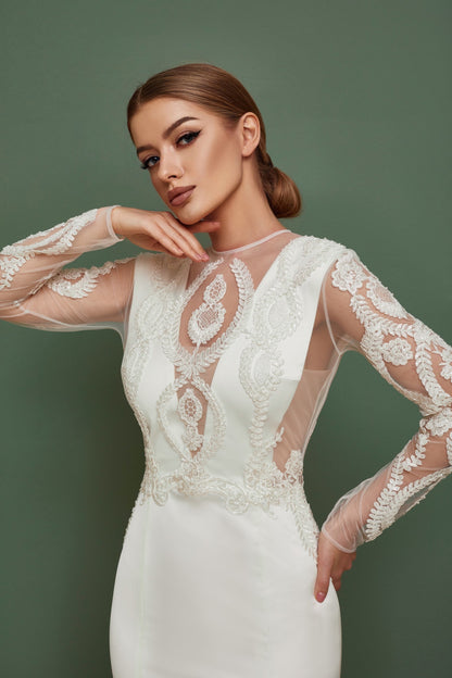 Mermaid wedding dress with long sleeves, V-neck satin wedding dress with open back, Silk embroidered wedding dress , tight wedding qown