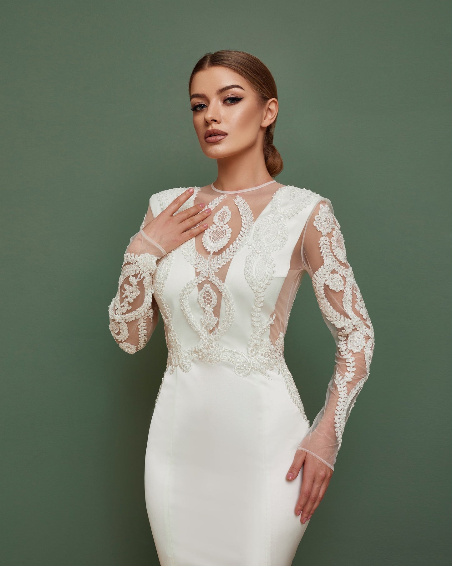 Mermaid wedding dress with long sleeves, V-neck satin wedding dress with open back, Silk embroidered wedding dress , tight wedding qown