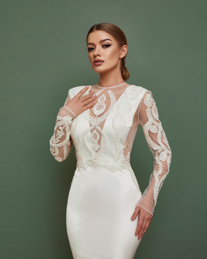 Mermaid wedding dress with long sleeves, V-neck satin wedding dress with open back, Silk embroidered wedding dress , tight wedding qown