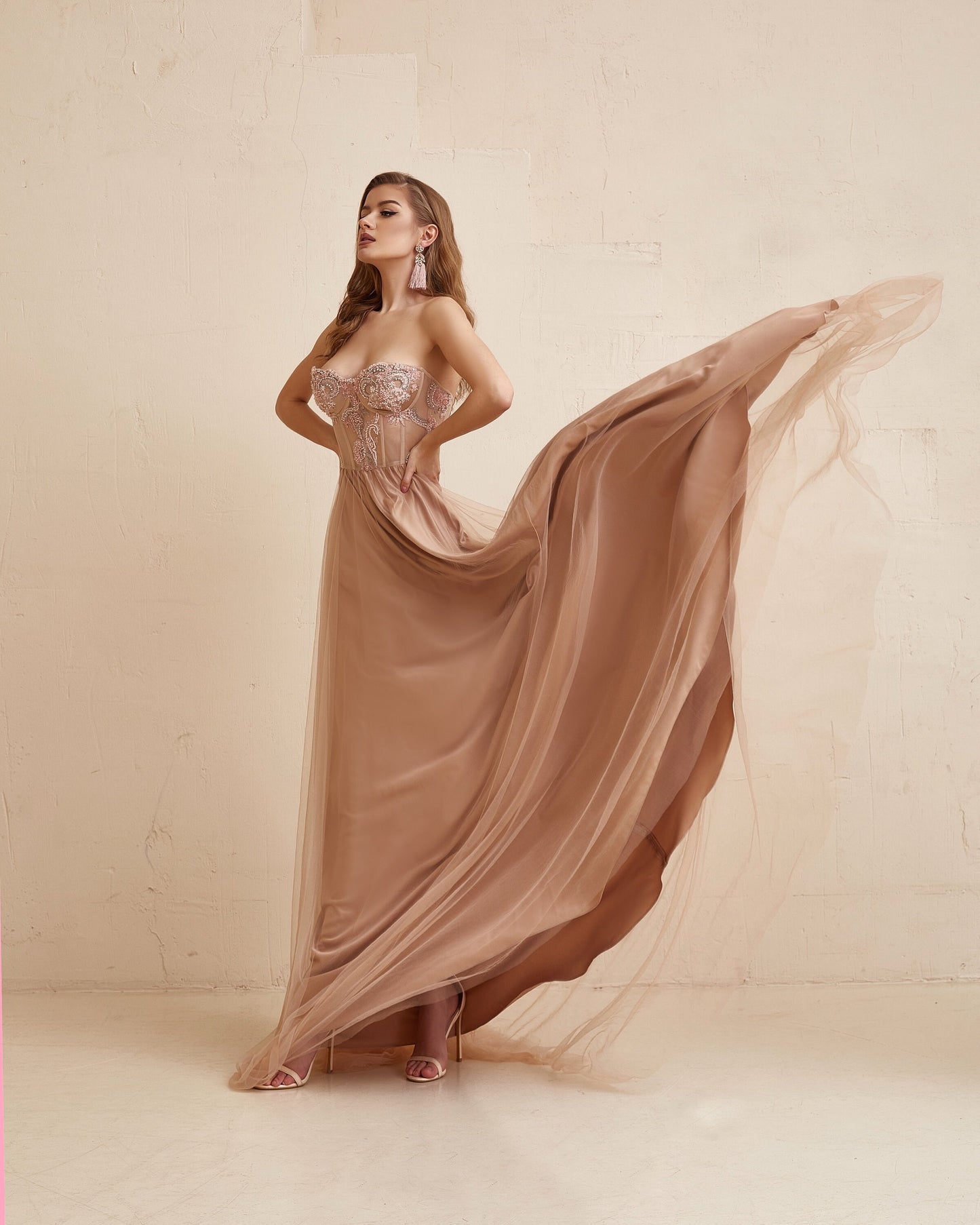 Blush Boho Wedding dress, Long Corset dress, Pink wedding Evening  Dress, Sequin wedding dress, Beige prom  dress, Pastel Bridesmaid dress