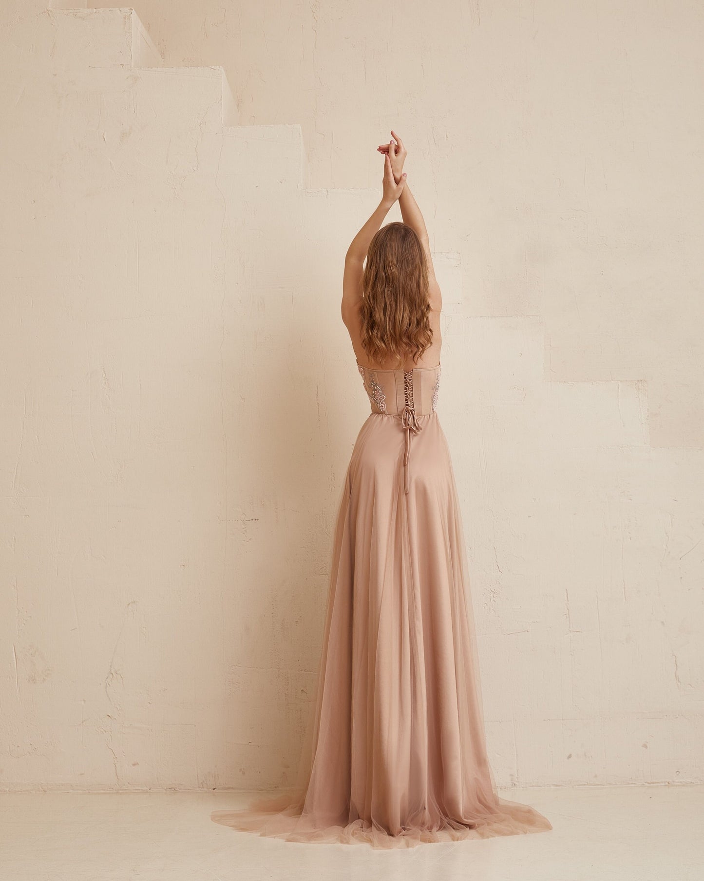 Blush Boho Wedding dress, Long Corset dress, Pink wedding Evening  Dress, Sequin wedding dress, Beige prom  dress, Pastel Bridesmaid dress