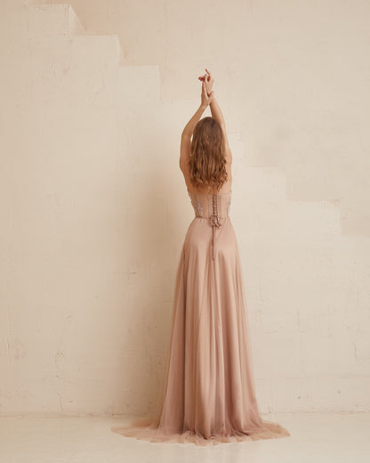 Blush Boho Wedding dress, Long Corset dress, Pink wedding Evening  Dress, Sequin wedding dress, Beige prom  dress, Pastel Bridesmaid dress