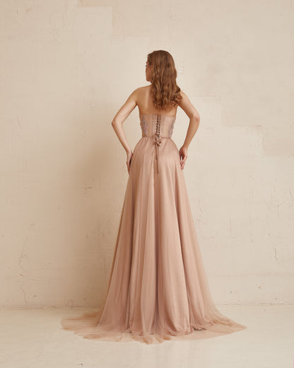 Blush Boho Wedding dress, Long Corset dress, Pink wedding Evening  Dress, Sequin wedding dress, Beige prom  dress, Pastel Bridesmaid dress