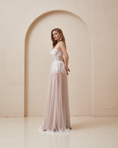 Beige Wedding dress, Boho Tan Wedding dress, Nude corset wedding  gown,  White Lace wedding dress, Fit and flare tulle dress for bride