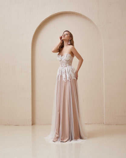 Beige Wedding dress, Boho Tan Wedding dress, Nude corset wedding  gown,  White Lace wedding dress, Fit and flare tulle dress for bride