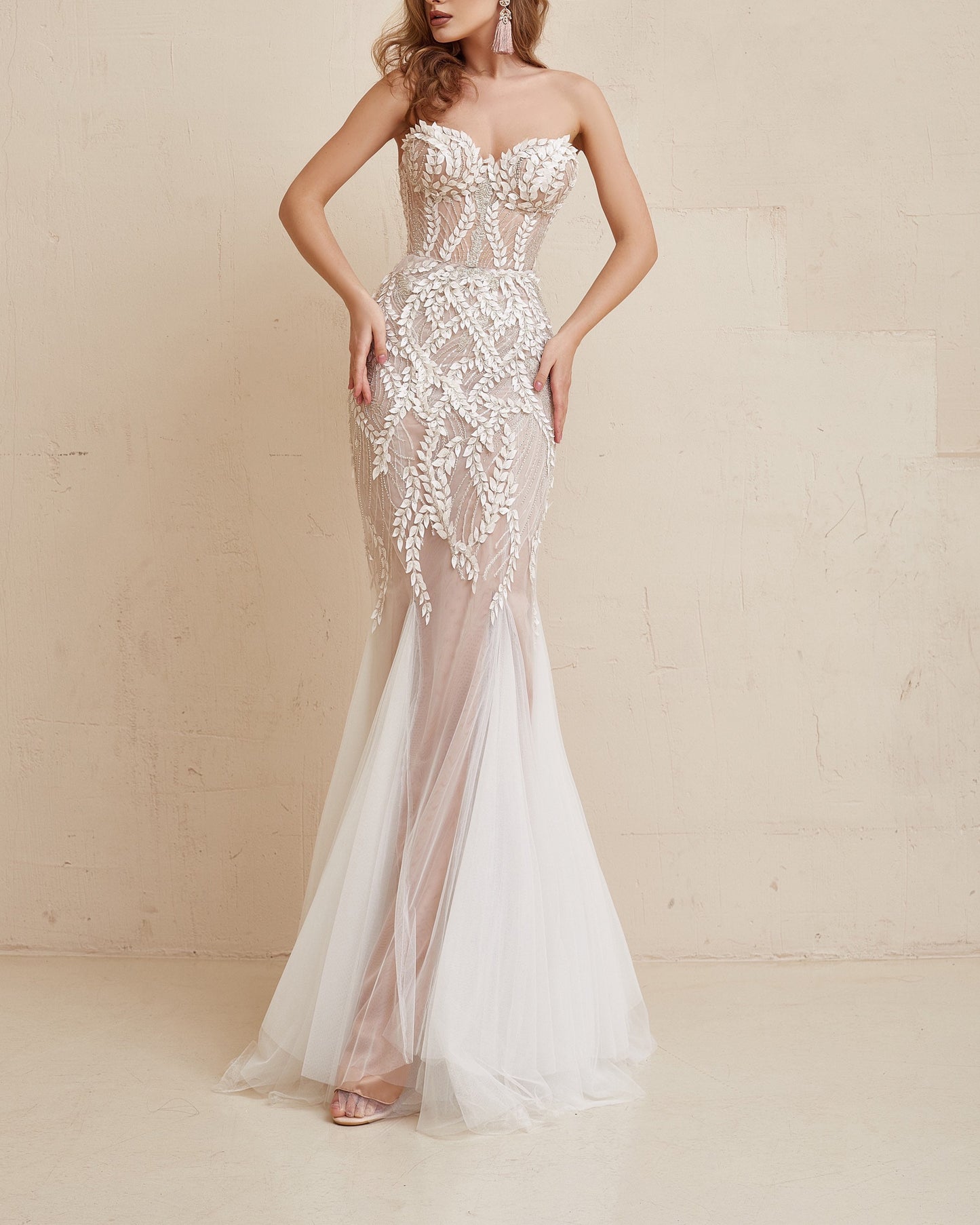 Nude wedding dress, Floral Wedding dress, Boho Wedding gown, Mermaid corset dress, Beige wedding gown, Sparkling wedding dress, Couture gown