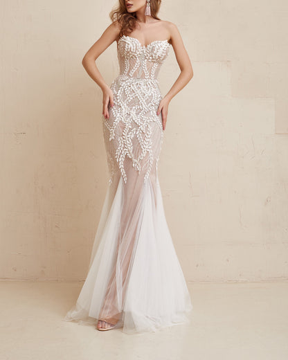 Nude wedding dress, Floral Wedding dress, Boho Wedding gown, Mermaid corset dress, Beige wedding gown, Sparkling wedding dress, Couture gown